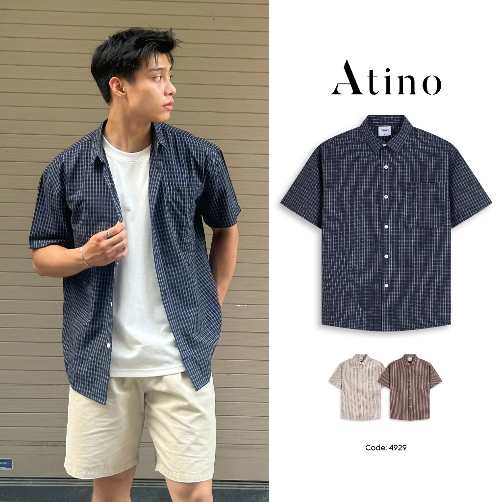 Áo Sơ Mi Nam Tay Ngắn 100% Cotton ATINO Thoáng Mát Họa Tiết Kẻ Caro Hàn Quốc Trẻ Trung Năng Động L.3