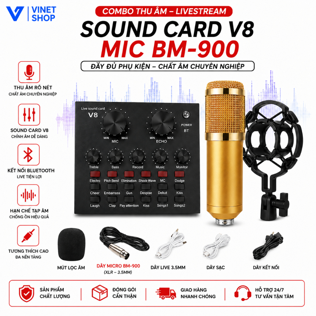 Combo soundcard V8, V8S kèm mic thu âm bm800  BM900 có autotune chuẩn phòng thu