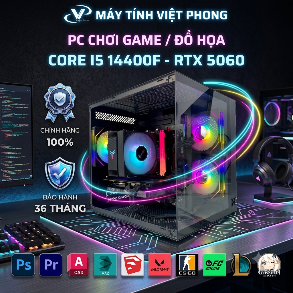 [KHÔNG LẮP ĐẶT] BỘ MÁY TÍNH PC GAMING / ĐỒ HỌA INTEL CORE I5 14400F 5060 FULL NEW  BẢO HÀNH 36 THÁNG