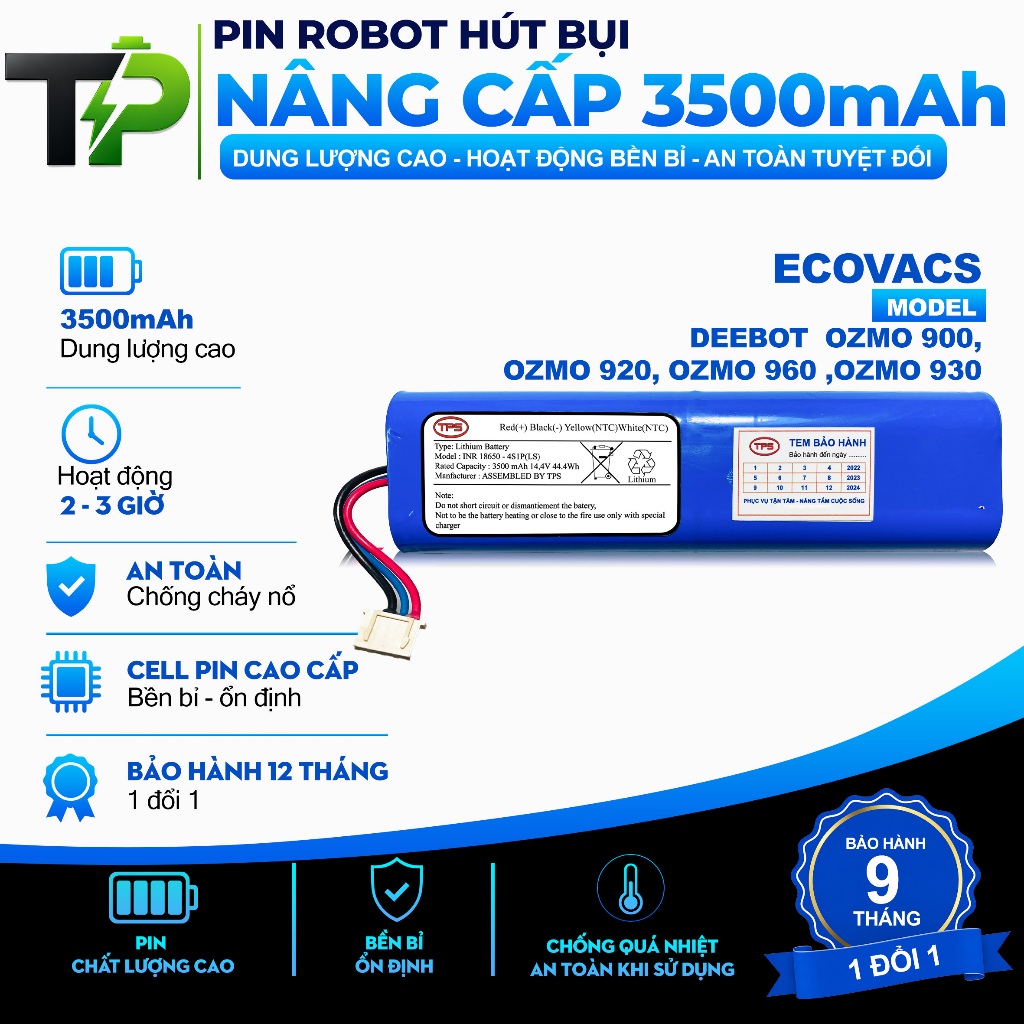 PIN ROBOT HÚT BỤI NÂNG CẤP  ECOVACS DEEBOT  OZMO 900, OZMO 920, OZMO 960 ,OZMO 930 DUNG LƯỢNG 3500 M