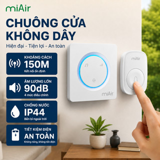 Miair Chuông Cửa Không Dây Chống Nước IP44, 4 Mức Âm Lượng, 55 Giai Điệu, Khoảng Cách Xa 150m Có Đèn LED