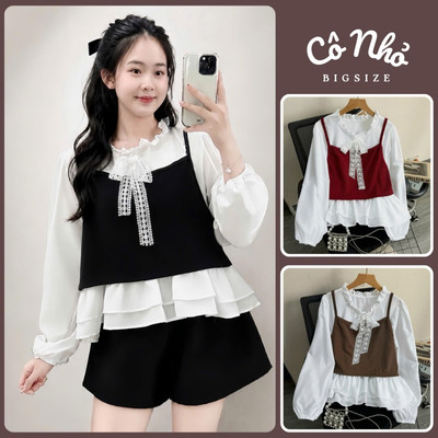 Áo Sơ Mi Bigsize Nữ 2 Món Áo Somi Cổ Bèo Mix Ghi Lê Dễ Thương Dễ Phối Đồ Cho Chubby A347