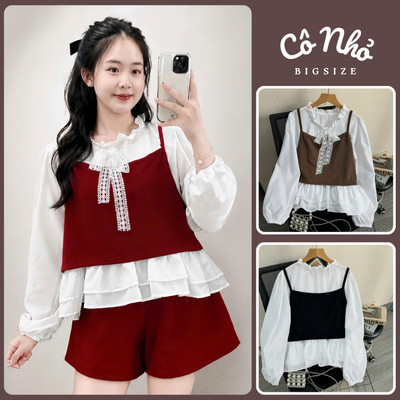 Set Bộ Bigsize Nữ Áo Sơ Mi Phối Gile Tách Rời Mix Quần Đùi Lưng Chun Cho Chubby A347+Q500/Q514