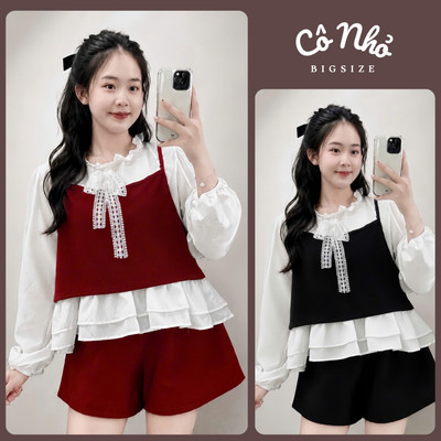 Set Bộ Tiểu Thư Bigsize Nữ Áo Sơ Mi Trắng Phối Yếm Mix Quần Short Dễ Thương A347+Q500/Q514
