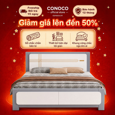 Giường ngủ gỗ hiện đại CONOCO màu xám xanh giường đôi chắc chắn cho phòng ngủ phòng trọ
