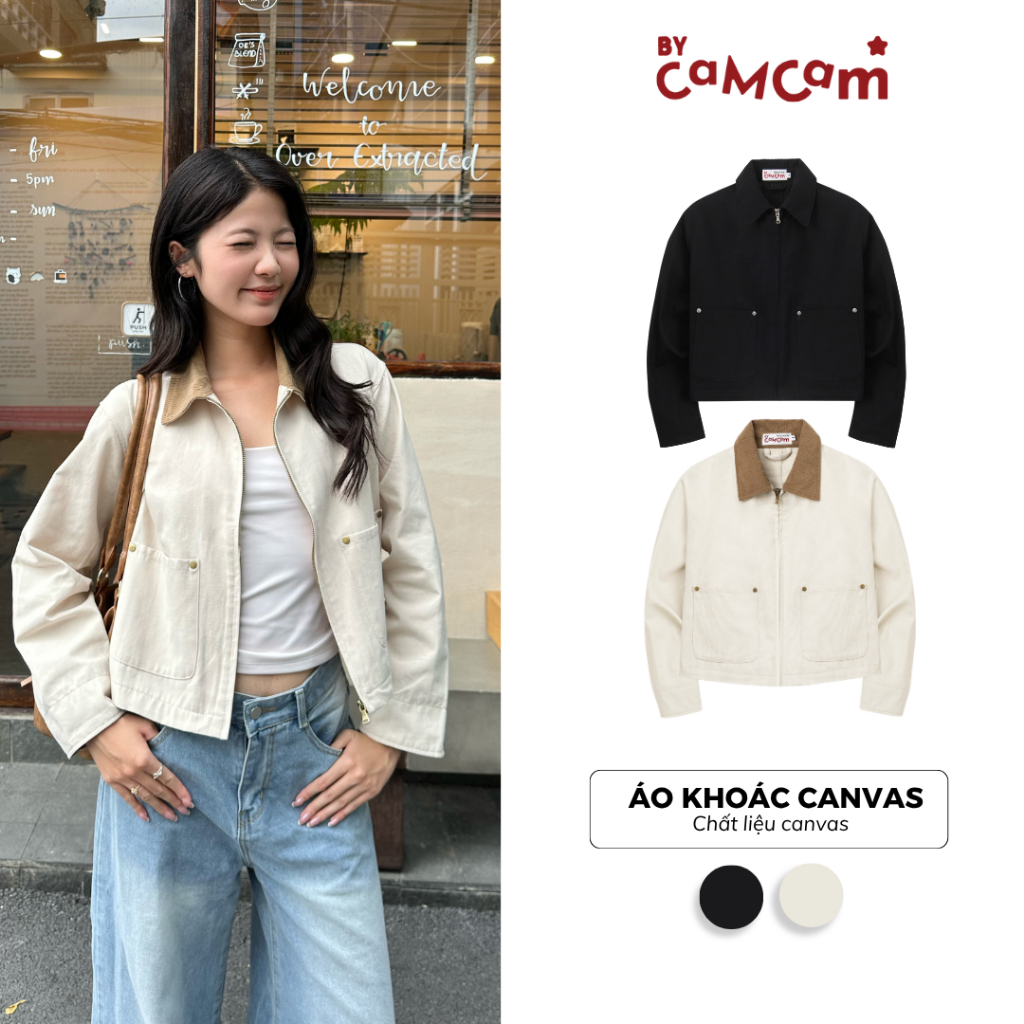 Áo Khoác Canvas Dáng Ngắn 𝑩𝒚𝒄𝒂𝒎𝒄𝒂𝒎 Áo Khoác Phối Cổ Nhung Tăm Basic Unisex Nam Nữ AKHD314