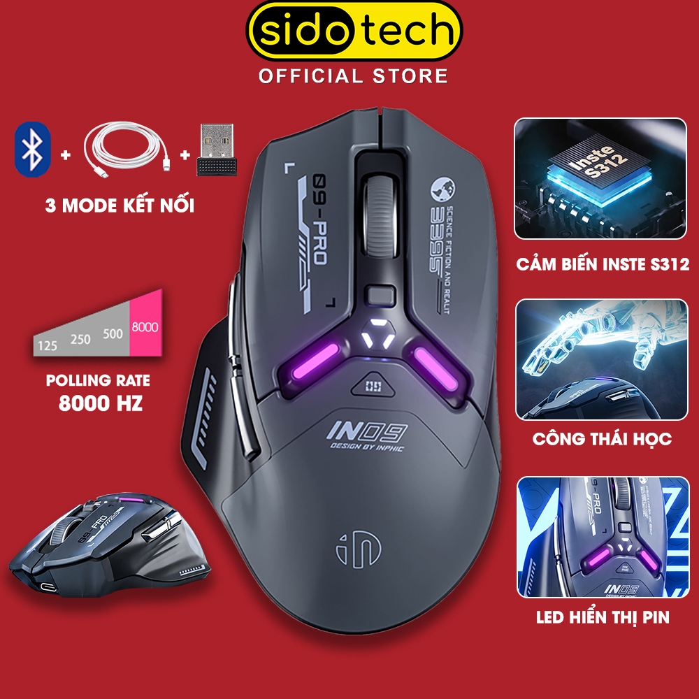 Chuột không dây gaming SIDOTECH INPHIC IN9 Pro V2 Grey bluetooth 8K 3 mode pin sạc có app 7 nút 8000