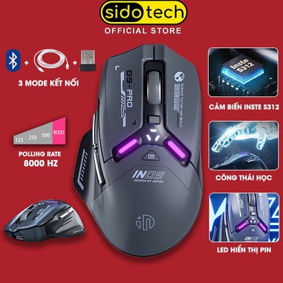 Chuột không dây gaming SIDOTECH INPHIC IN9 Pro V2 Grey bluetooth 8K 3 mode pin sạc có app 7 nút 8000hz máy tính led RGB