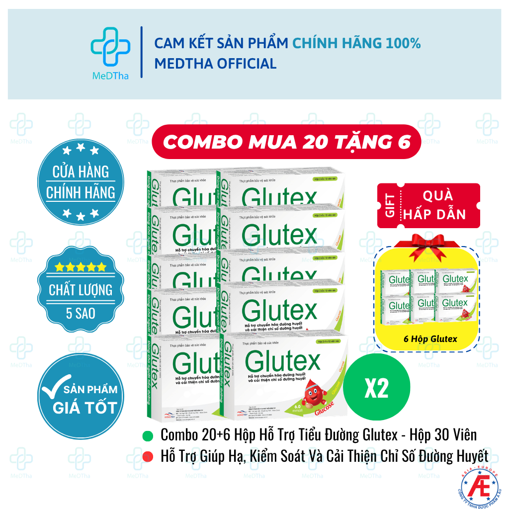 [COMBO 20 HỘP TẶNG 6 HỘP] Glutex Hỗ Trợ Ổn Định Đường Huyết Lâu Dài, Ngăn Ngừa Biến Chứng Tiểu Đường