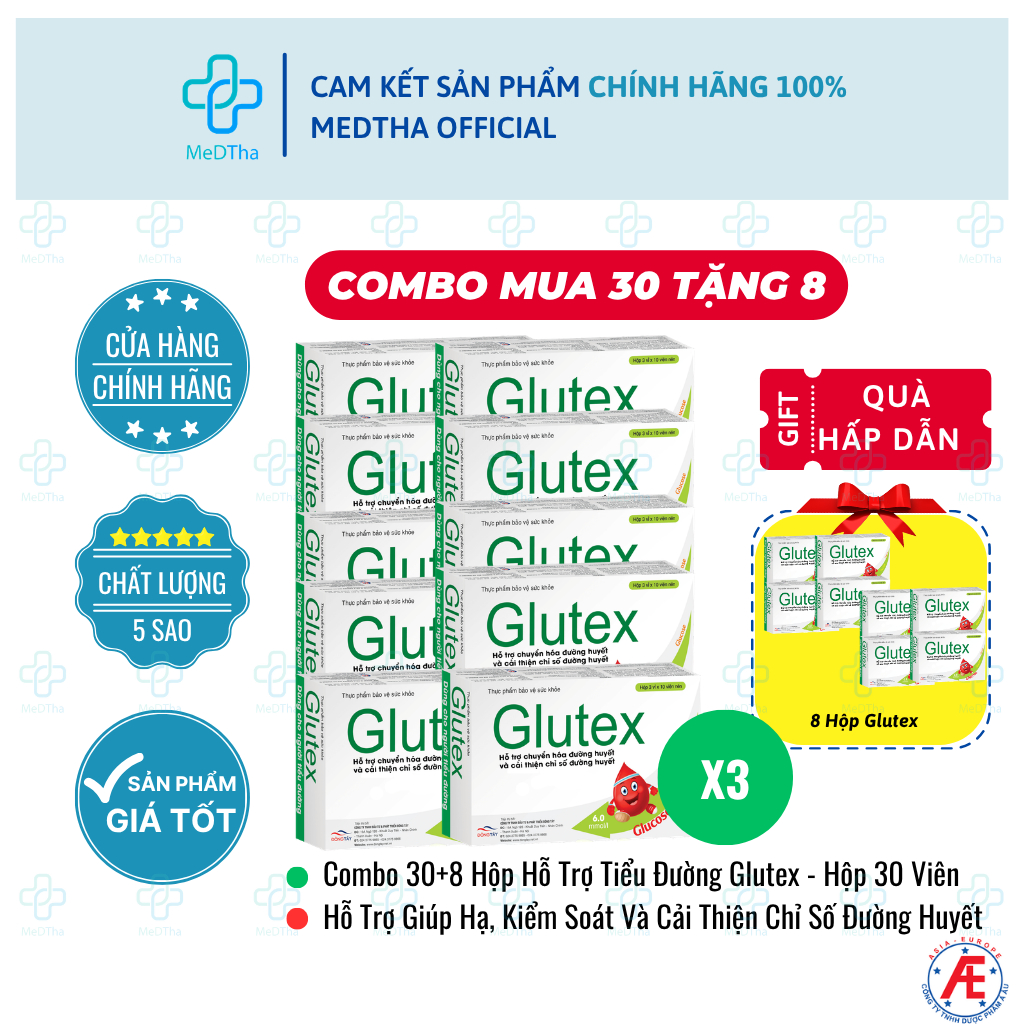 [COMBO 30 HỘP TẶNG 8 HỘP] Glutex Hỗ Trợ Ổn Định Đường Huyết Lâu Dài, Ngăn Ngừa Biến Chứng Tiểu Đường