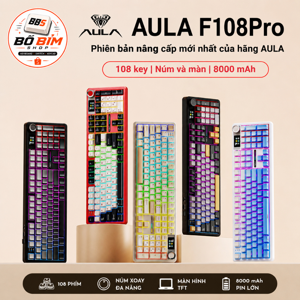 🔥Bàn phím cơ AULA F108 / F108 PRO full size 108 phím, kết nối 3 mode, pin trâu, gõ êm, LED RGB