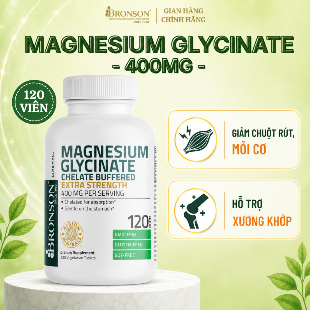 [NEW 2026] Viên Uống Magie Bronson Magnesium Glycinate Extra Strength 400mg Hỗ Trợ Xương Khớp, Giảm 