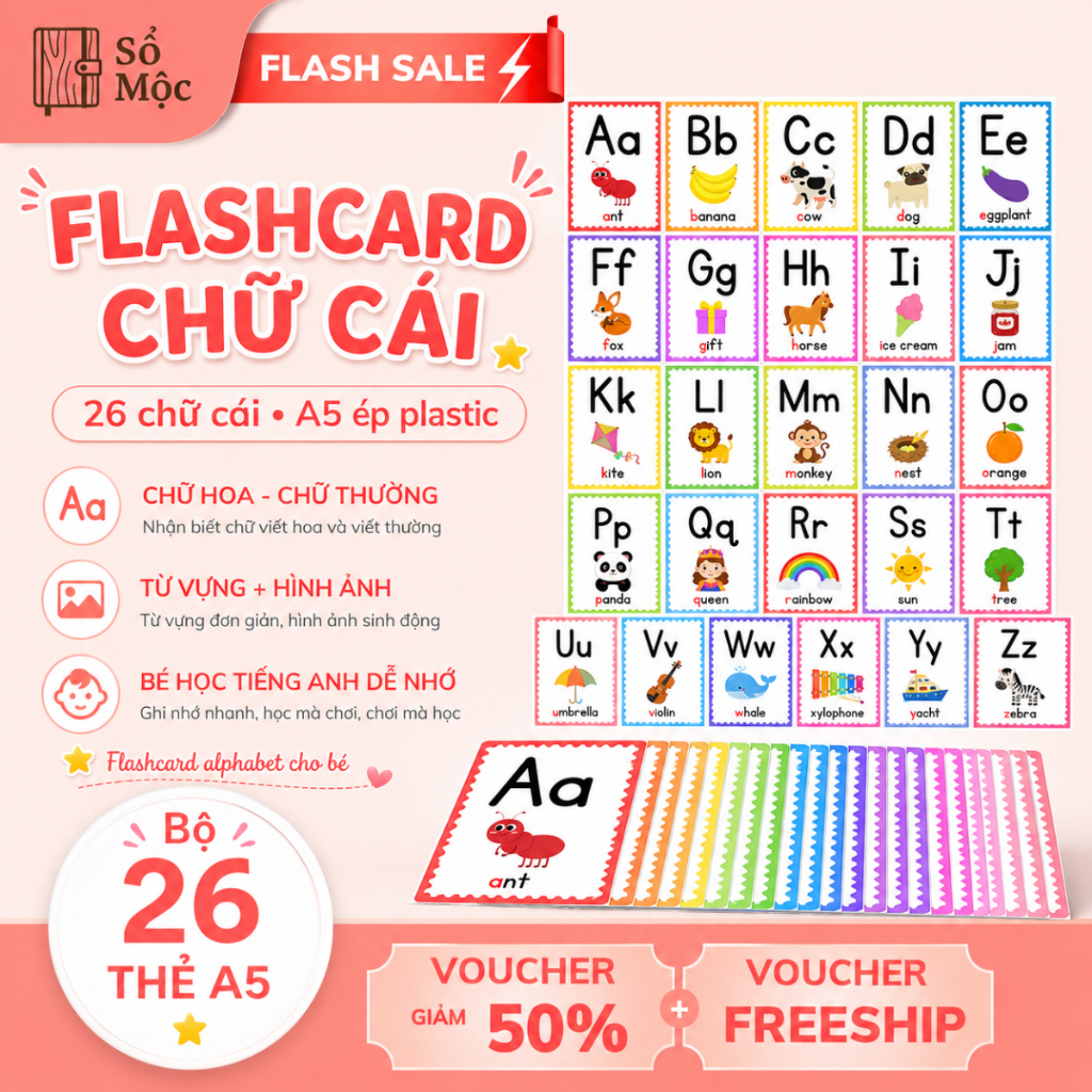Thẻ Học Bảng 26 Chữ Cái Tiếng Anh A5 Ép Plastic – Flashcard Alphabet Cho Bé Kèm Từ Vựng & Hình Ảnh