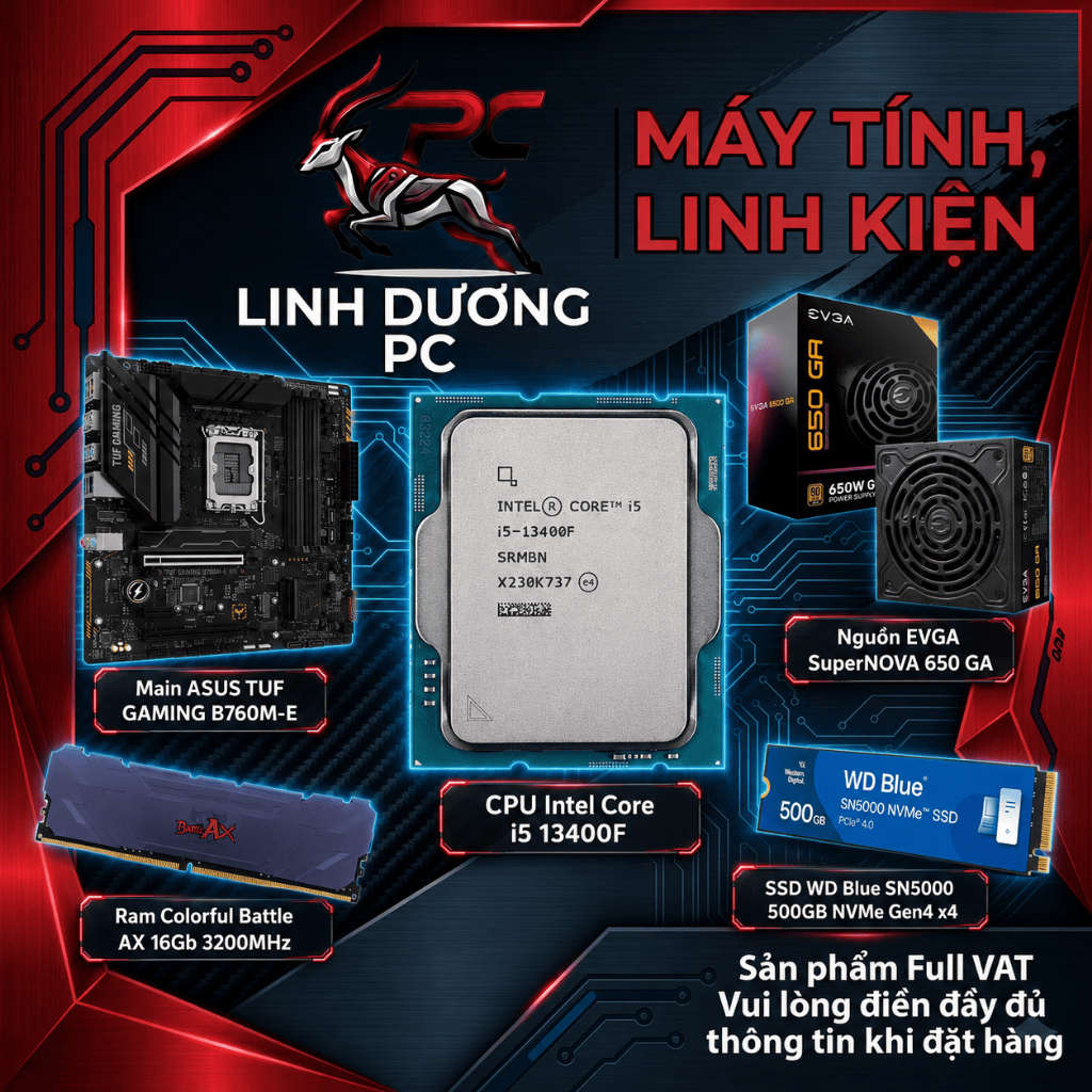 [Full VAT + BH hãng] PC CPU Intel Core i5 13400F New Tray + B760M + 16GB 3200Mhz Bộ PC 13400f bảo hà