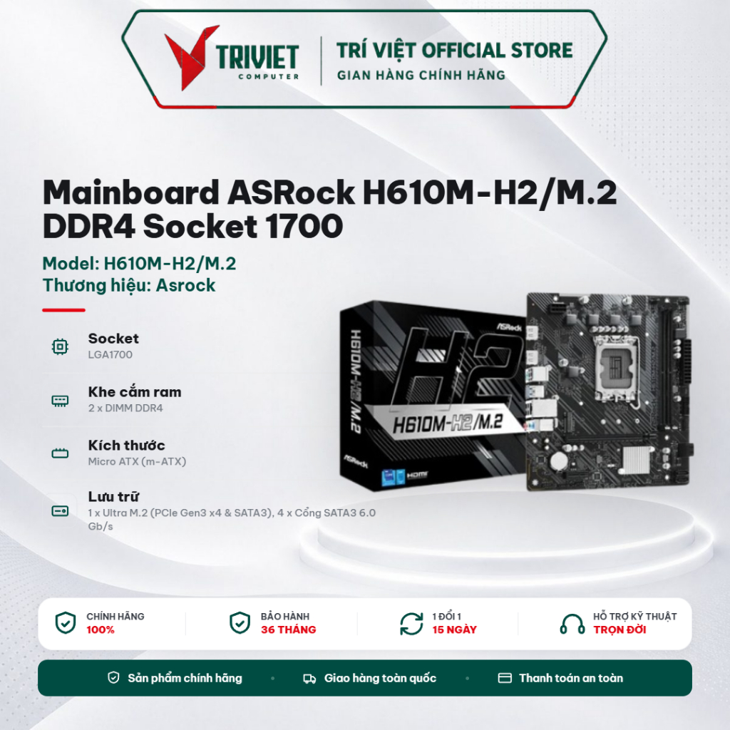 Mainboard ASRock H610M-H2/M.2 DDR4 Socket 1700 Hỗ Trợ Intel Gen 12 13 14 M.2 NVMe - Bo Mạch Chủ