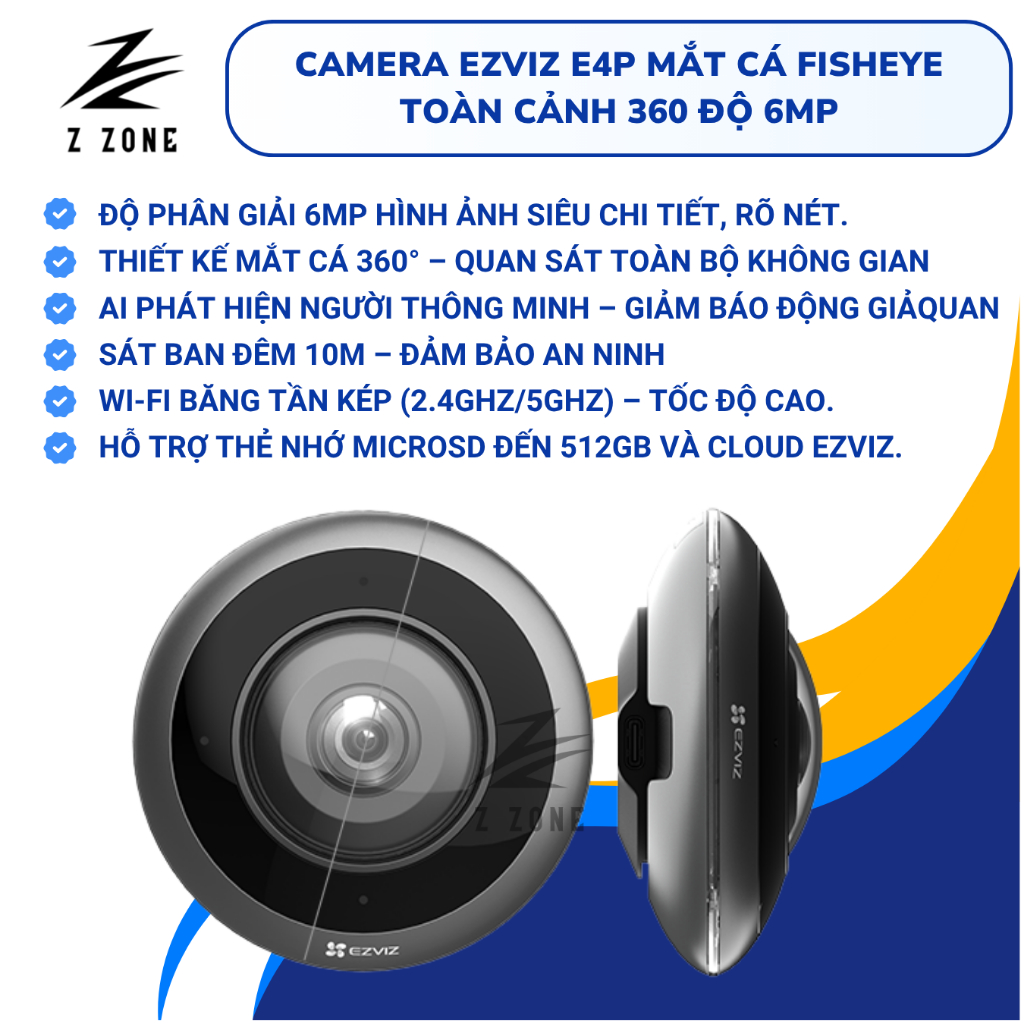 Camera EZVIZ E4p Fisheye Mắt Cá 6MP, Góc Nhìn 360°, Đàm Thoại 2 Chiều