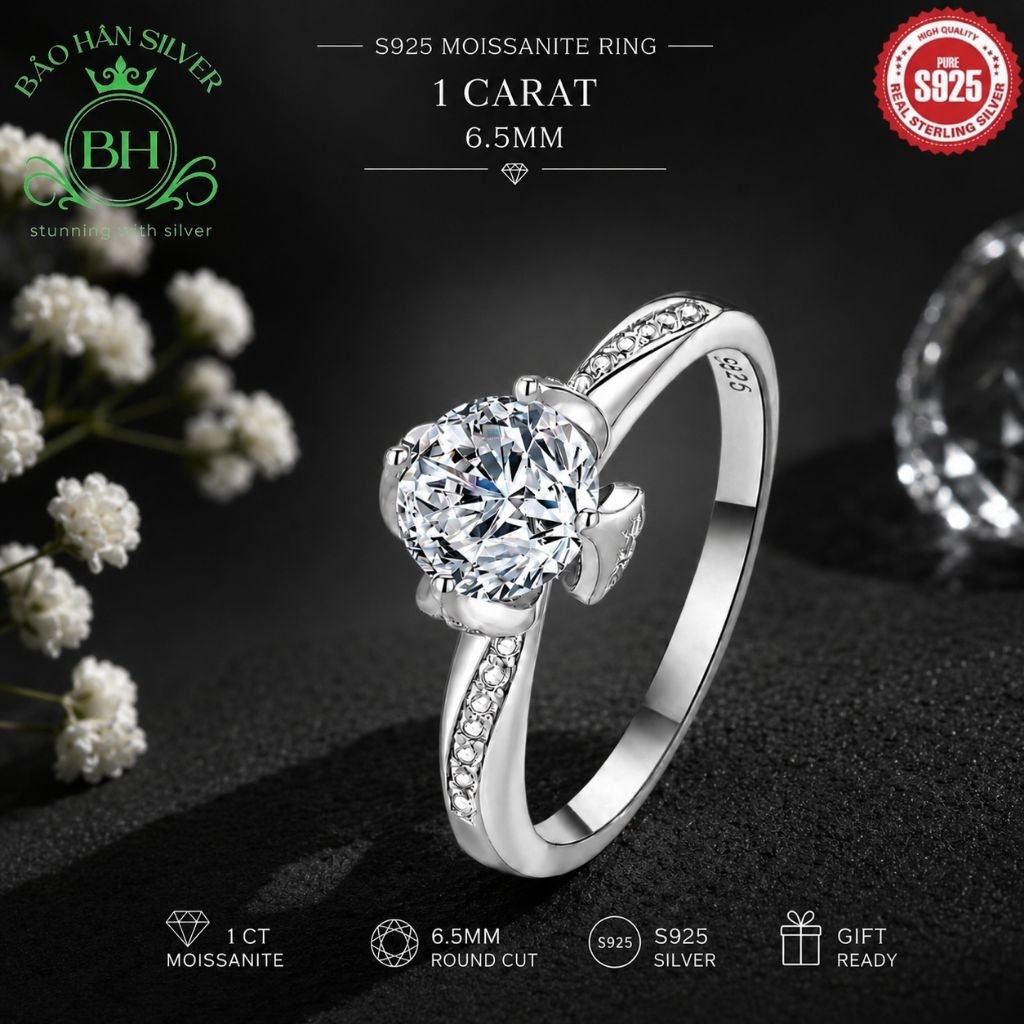 Moissanite 6.5ly 1 carat Nhẫn bạc nữ Moissanite nhẫn kim cương Moissanite bạc 925 nhẫn cầu hôn bạc n