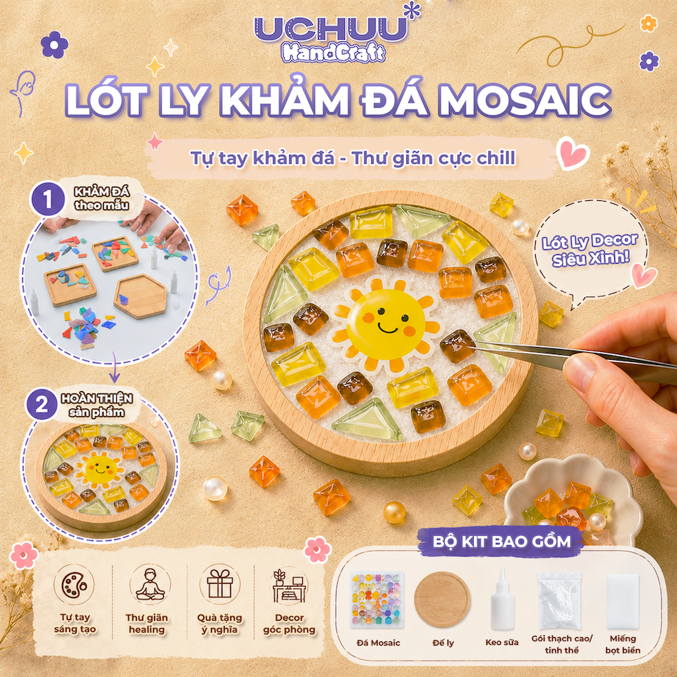 Lót Ly Khảm Đá Mosaic DIY Tự Tay Khảm Đá UCHUU HandCraft Bộ Kit Handmade Quà Tặng Decor Bàn Học