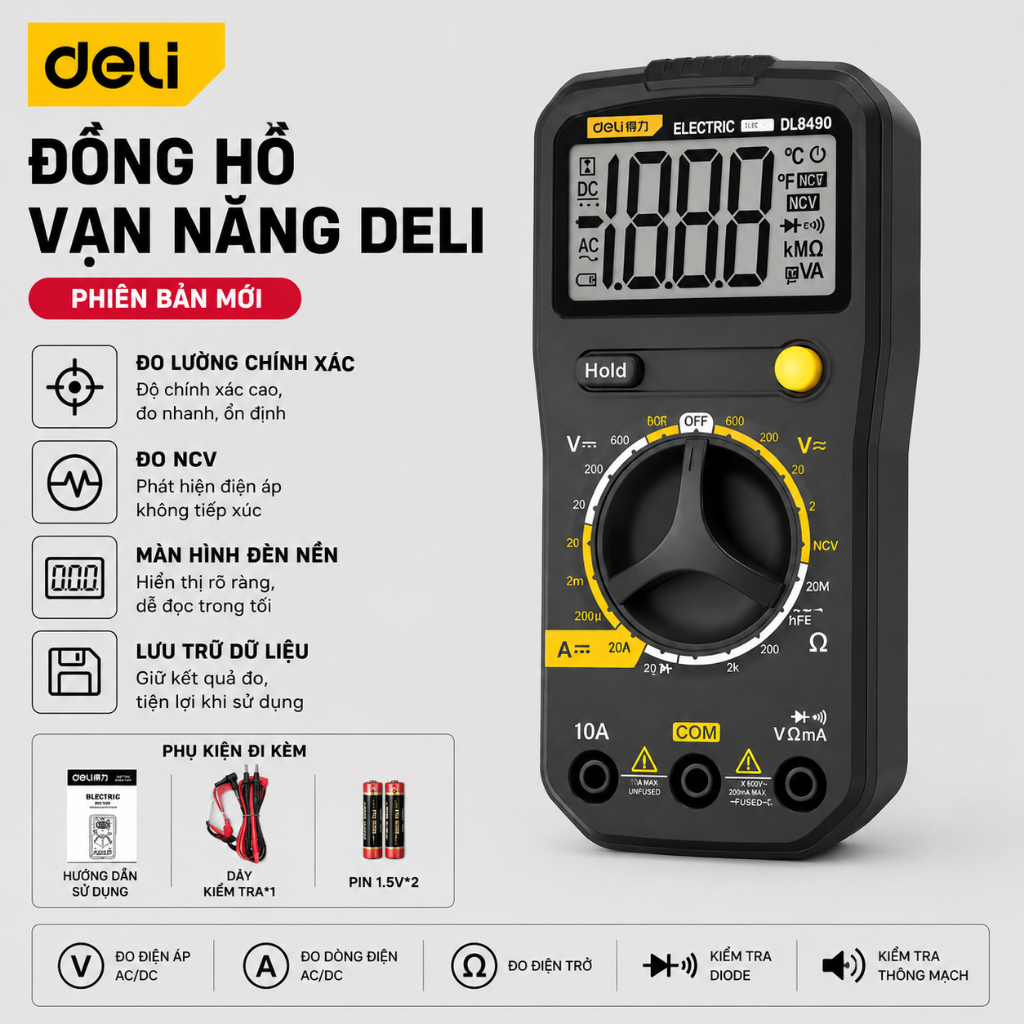 𝐃𝐞𝐥𝐢 - Đồng hồ vạn năng deli DL8490 có còi 3-1/2 600V-SGTOOLS