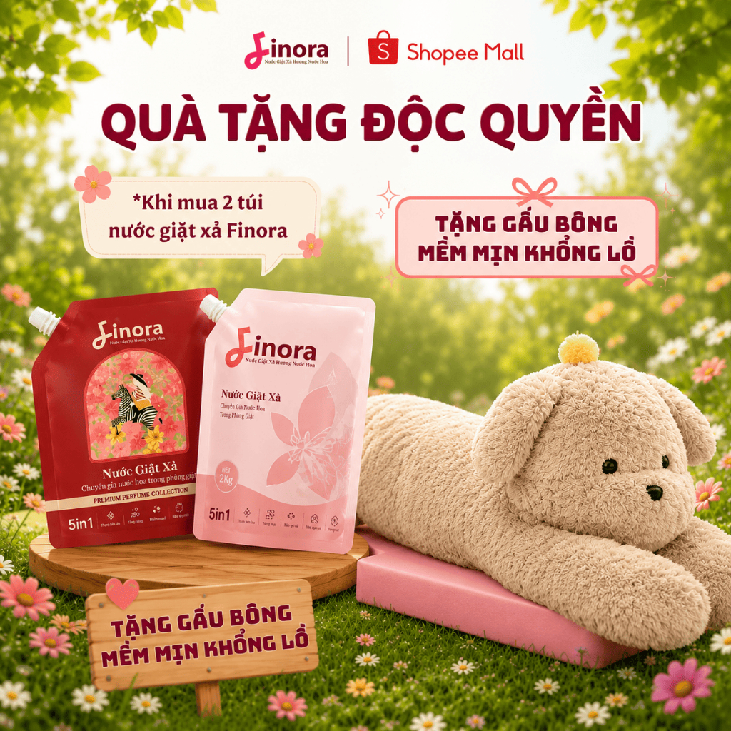 (TẶNG 1 Chó Nâu) Combo 2 Túi Nước Giặt Finora Phiên Bản Premium 1kg Hương Nước Hoa