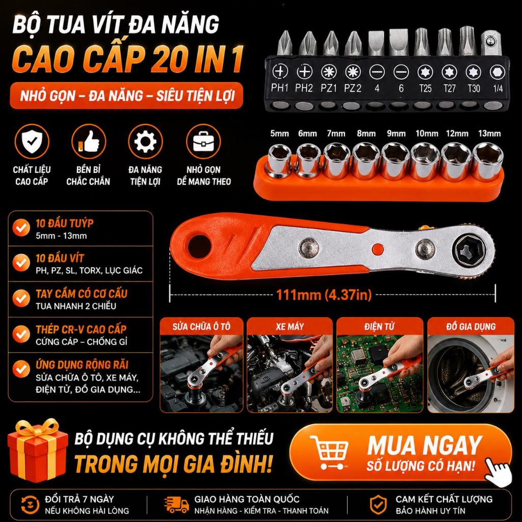 Bộ tua vít Ratchet đa chức năng Cờ lê từ tính 2 chiều có đầu chữ thập 4.37in Screwdriver +10pc Batch