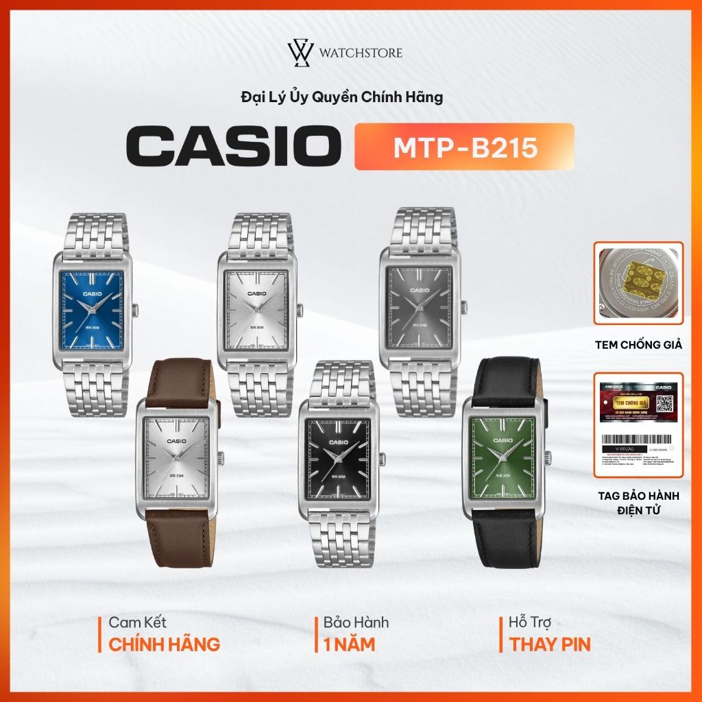 Đồng Hồ Nam CASIO Dáng Tank MTP-B215 Mặt Vuông Kính Khoáng Size 26mm Thép Không Gỉ Chính Hãng