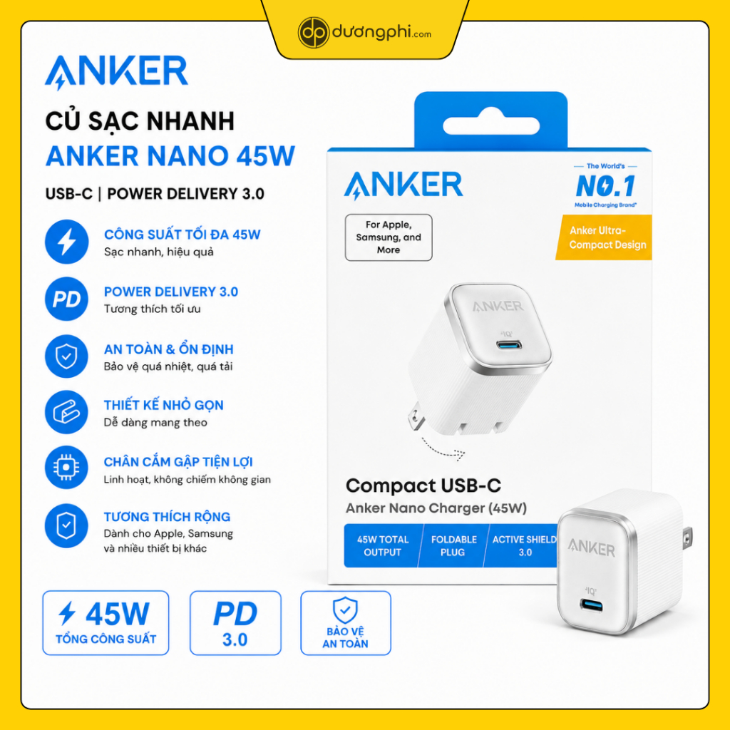 Củ sạc nhanh cổng Type C 45W nhỏ gọn Anker