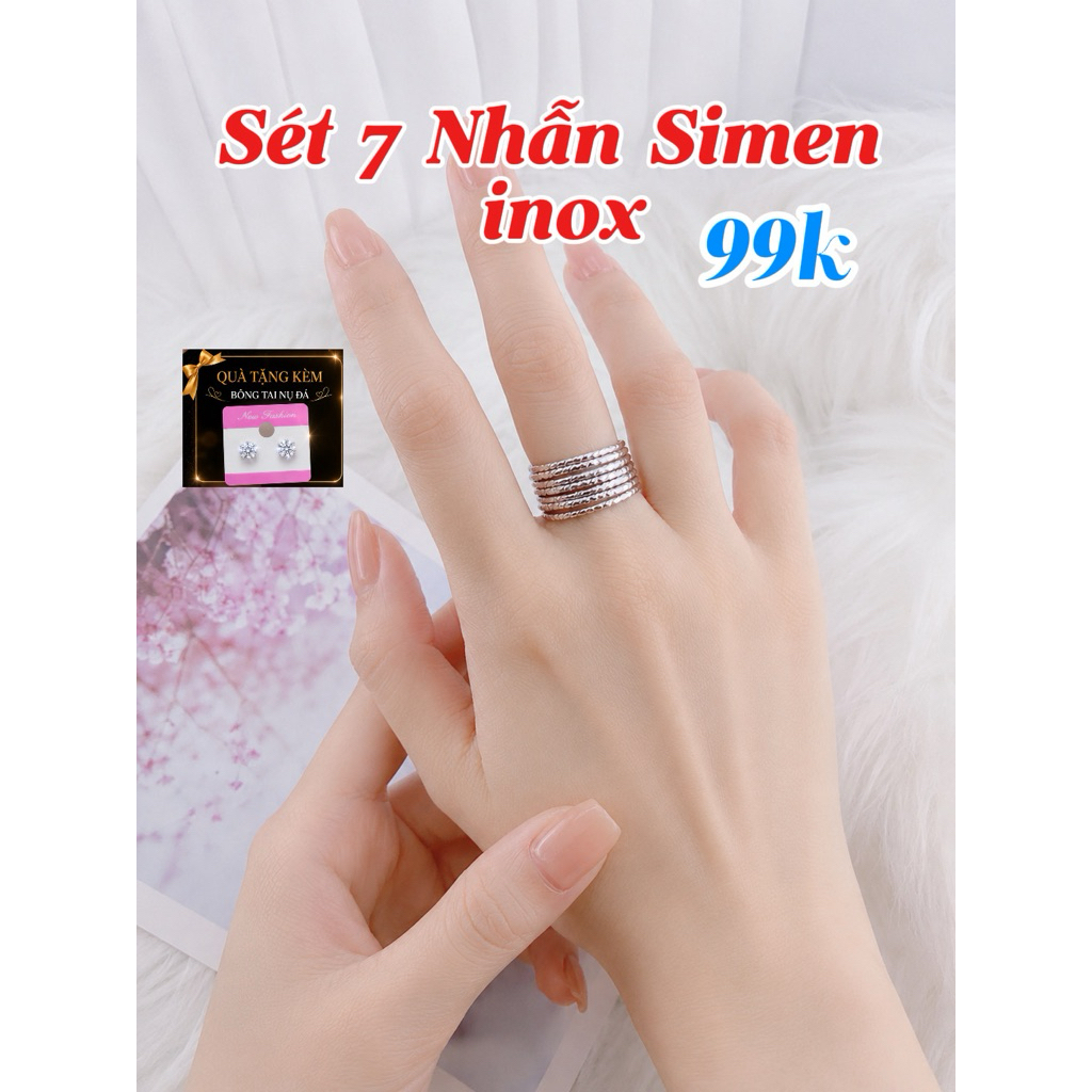 Set 7 Nhẫn Ximen INOX Cao Cấp Bản 1 Li Nhẫn Giữ Màu Sáng Lâu Nhiều Size Tặng Bông Nụ Đá Phụ Kiện Nữ 