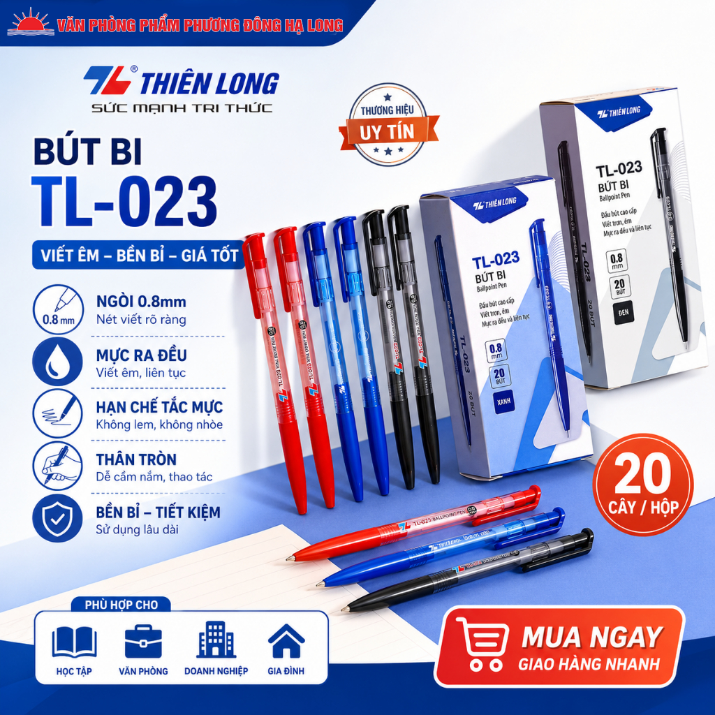 Combo 1 Hộp 20 Bút Bi Thiên Long TL-023 Chính Hãng Ngòi 0.8mm Viết Êm Mực Đều