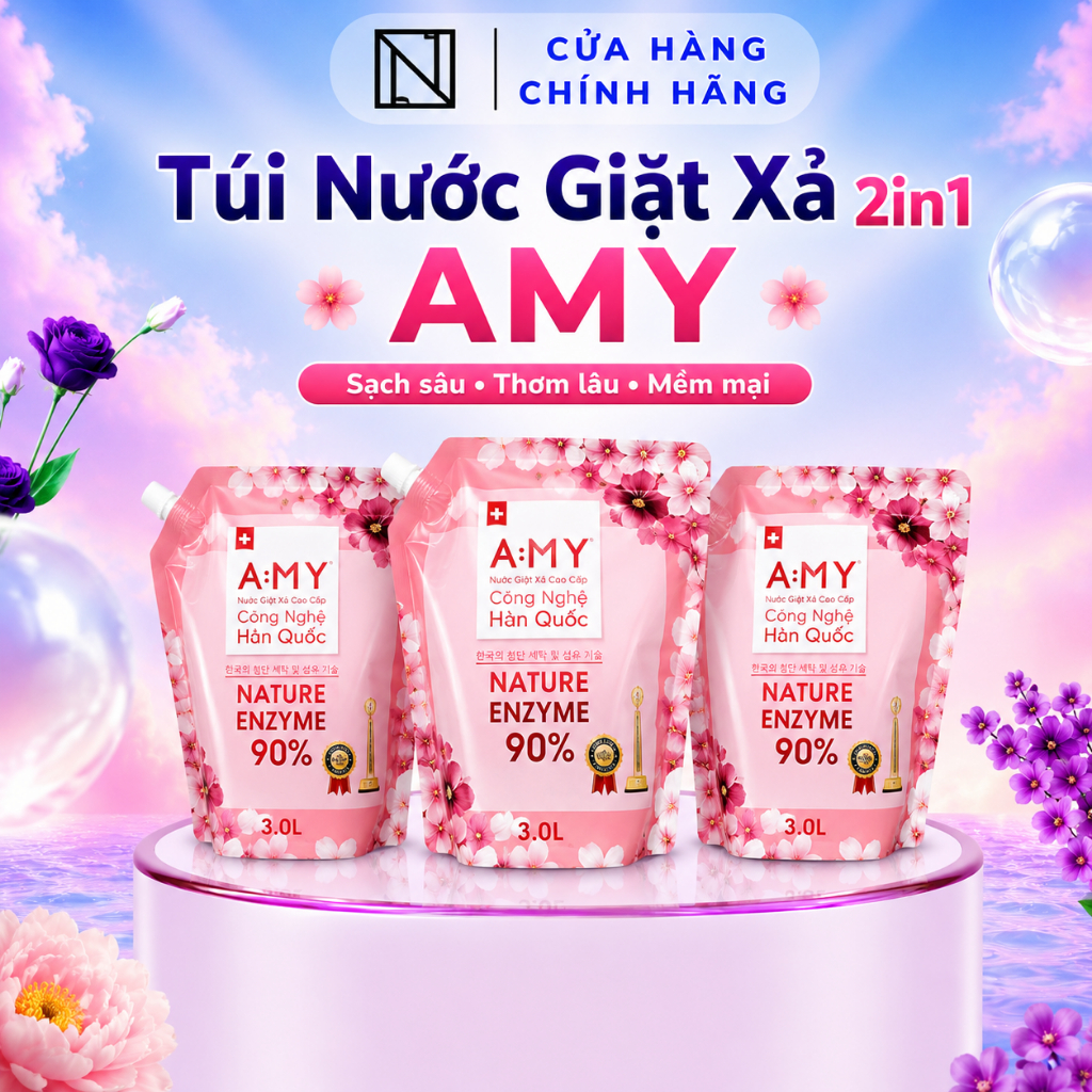 1 Thùng 2 Túi Nước Giặt Xả 2in1 AMY – Hương Mẫu Đơn (Túi 3kg)