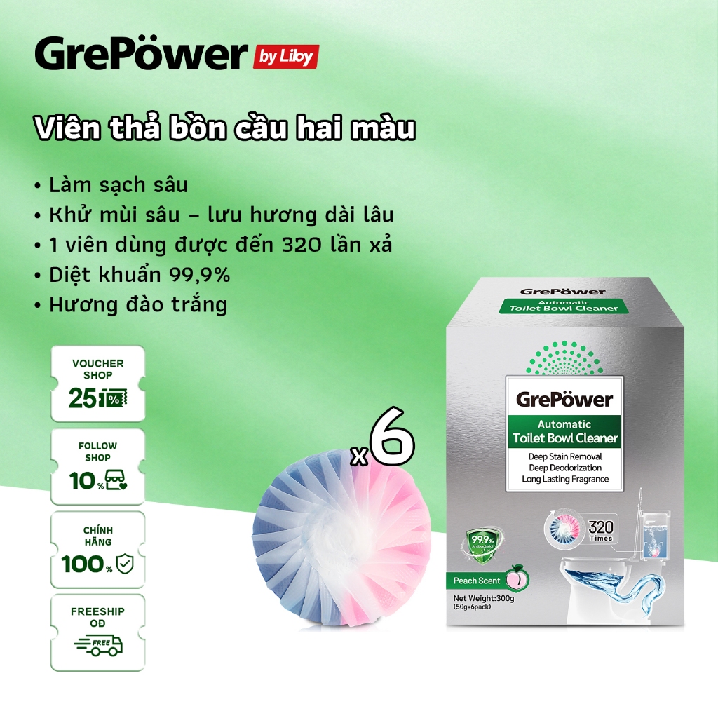 Viên Thả Bồn Cầu Hai Màu Grepower By Liby | Khử mùi hôi,1 viên xả lên tới 320 lần, diệt khuẩn tới 99
