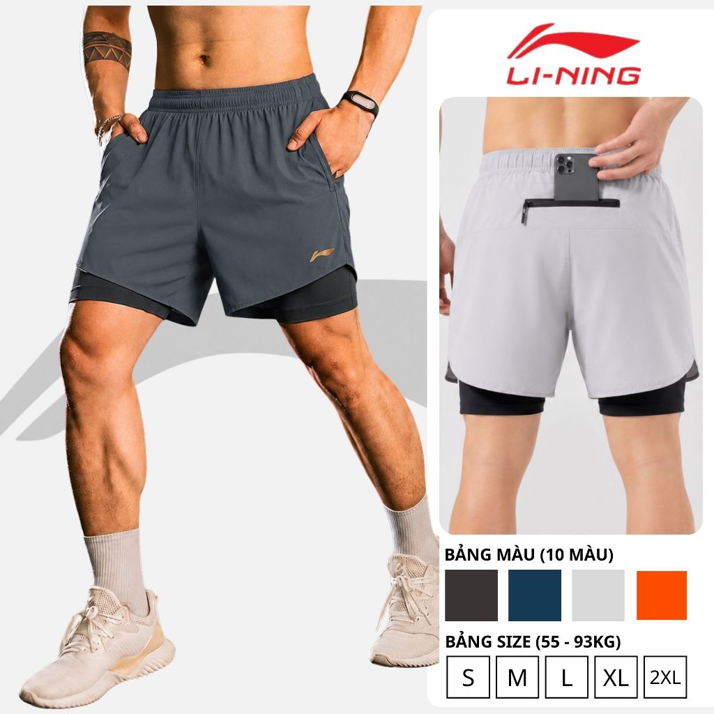 Quần đùi nam Li-Ning 2 LỚP, Quần short nam thể thao vải gió mềm mát, quần chạy…