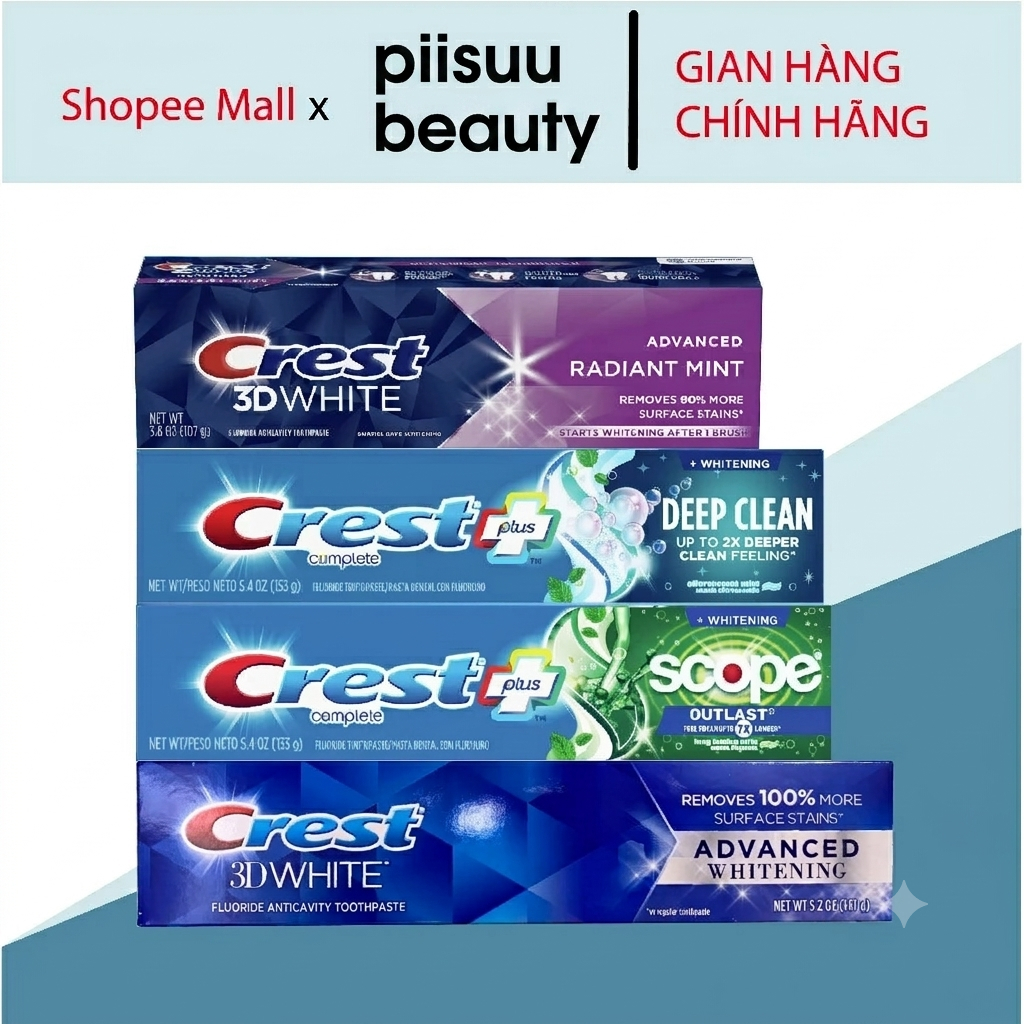 Kem Đánh Trắng Răng Crest 3D White Radiant Mint / Deep Clean/ Pro Health Advanced /Advanced Whitenin