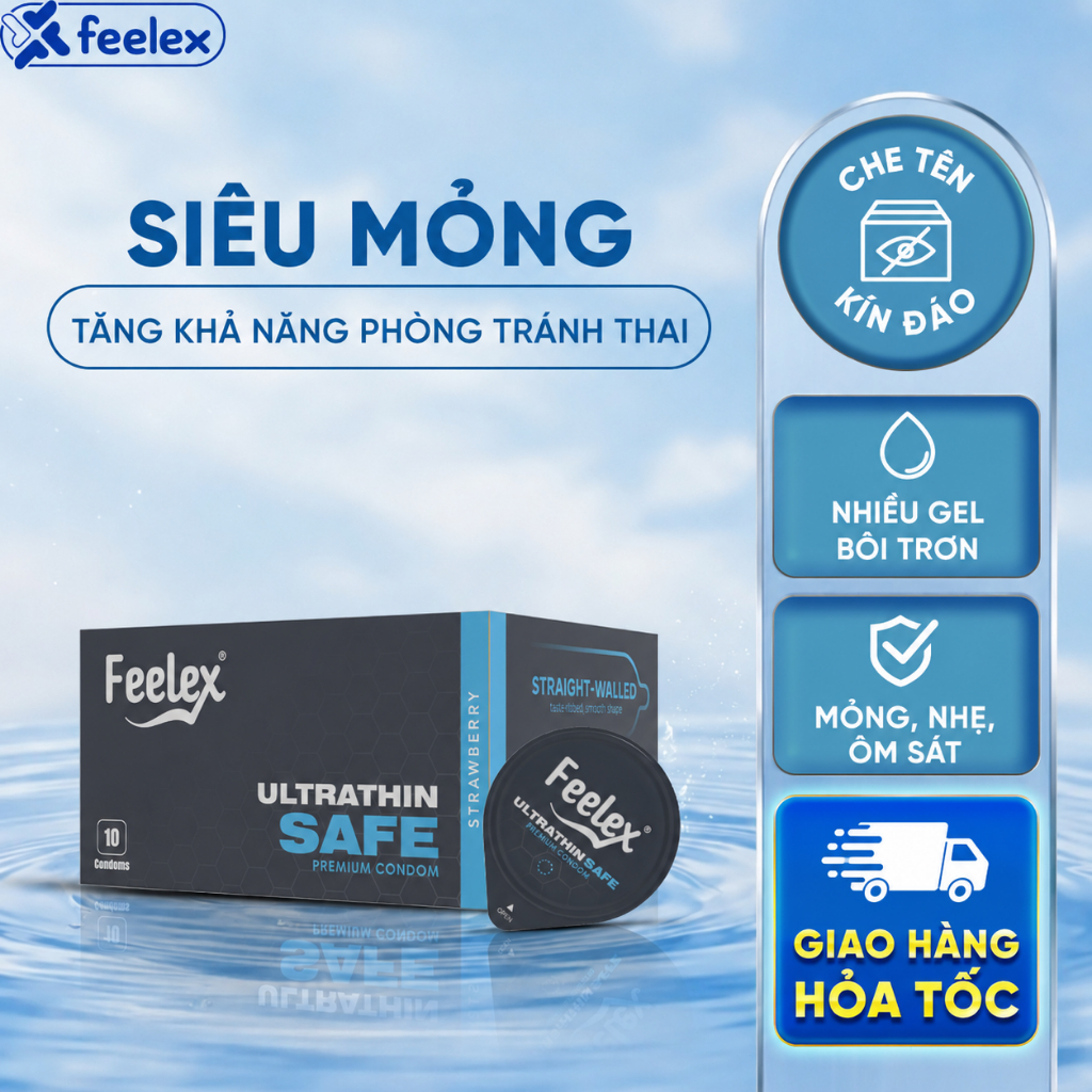 Bao cao su Feelex Ultrathin Safe siêu mỏng, nhiều gel bôi trơn, tăng cường khả năng phòng tránh thai