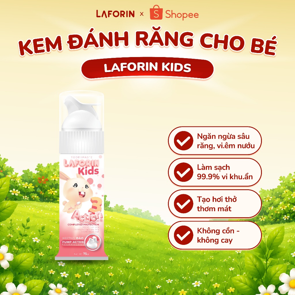 Kem Đánh Răng Laforin Kid Đào - Giảm Sâu Răng, Không Cay, Nuốt An Toàn Cho Bé Từ 2 Tuổi (Tuýp 75g)