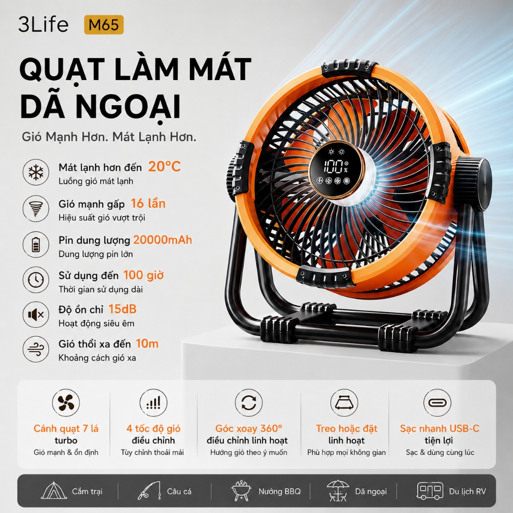 Quạt Tích Điện Mini 3Life M65 Siêu Mát 20000mAh | Quạt Cắm Trại Turbo Treo & Để Bàn