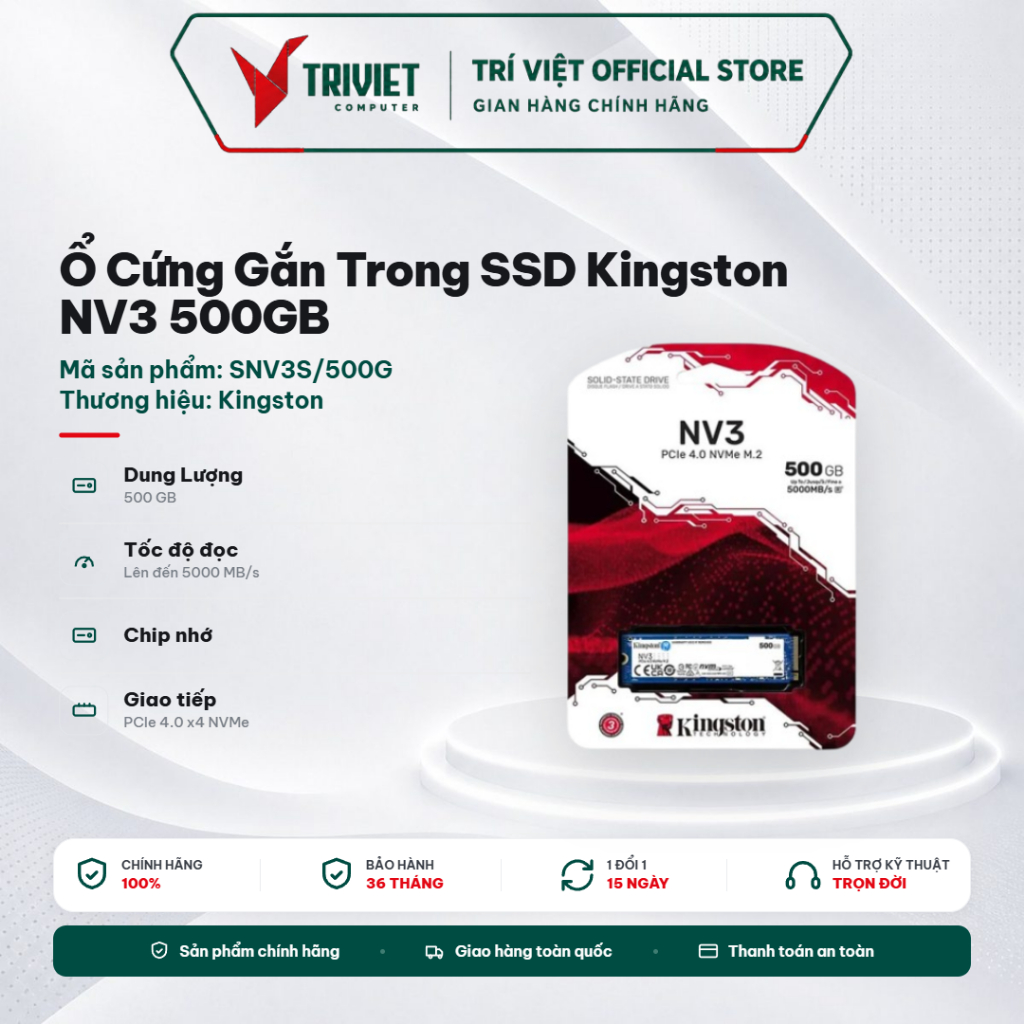 Ổ Cứng Gắn Trong SSD Kingston NV3 500GB PCIe Gen 4x4 NVMe M.2 2280 (SNV3S/500G) Read 5000MB/s