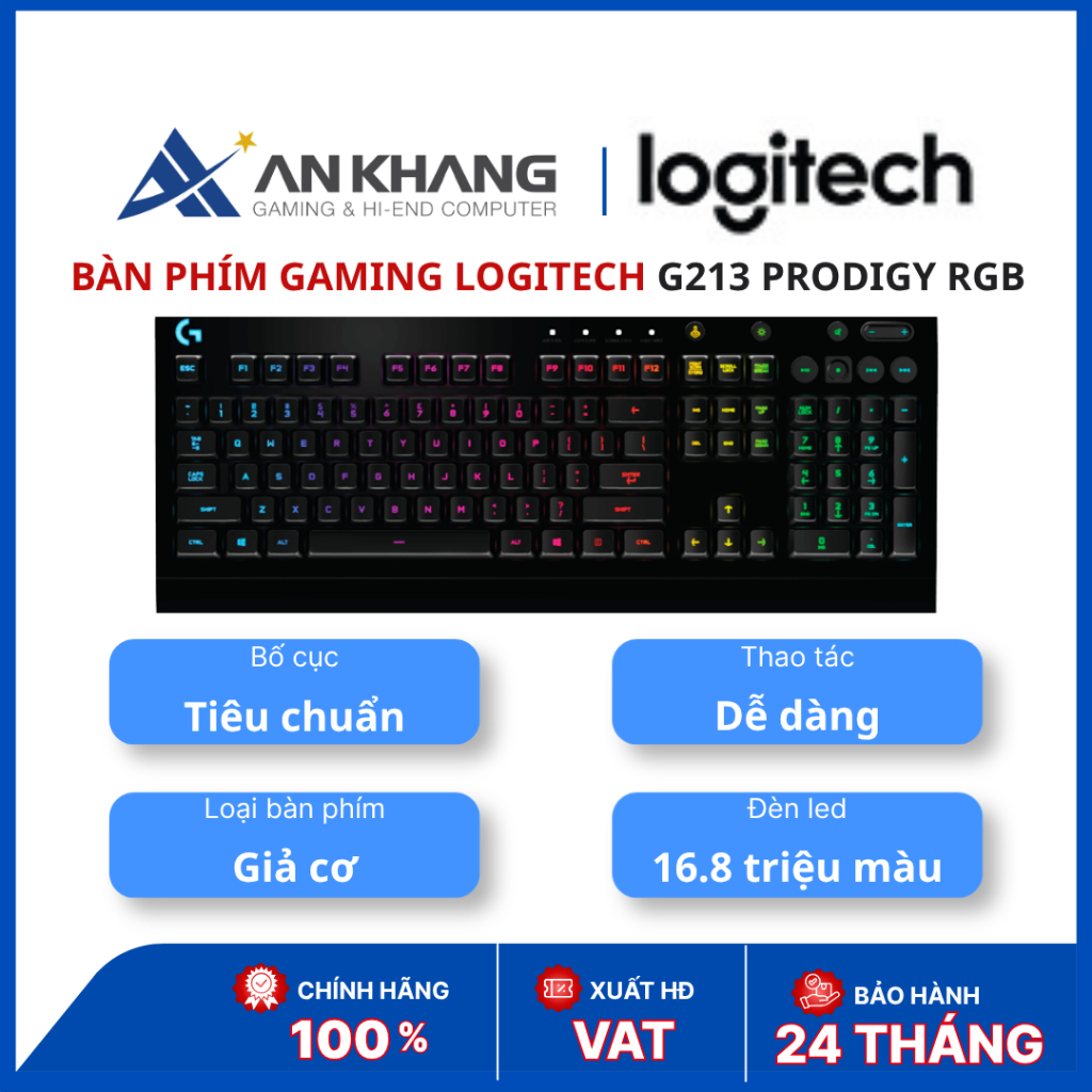 Bàn phím Gaming Logitech G213 Prodigy RGB | Giả cơ | LIGHTSYNC RGB 16.8 triệu màu | USB