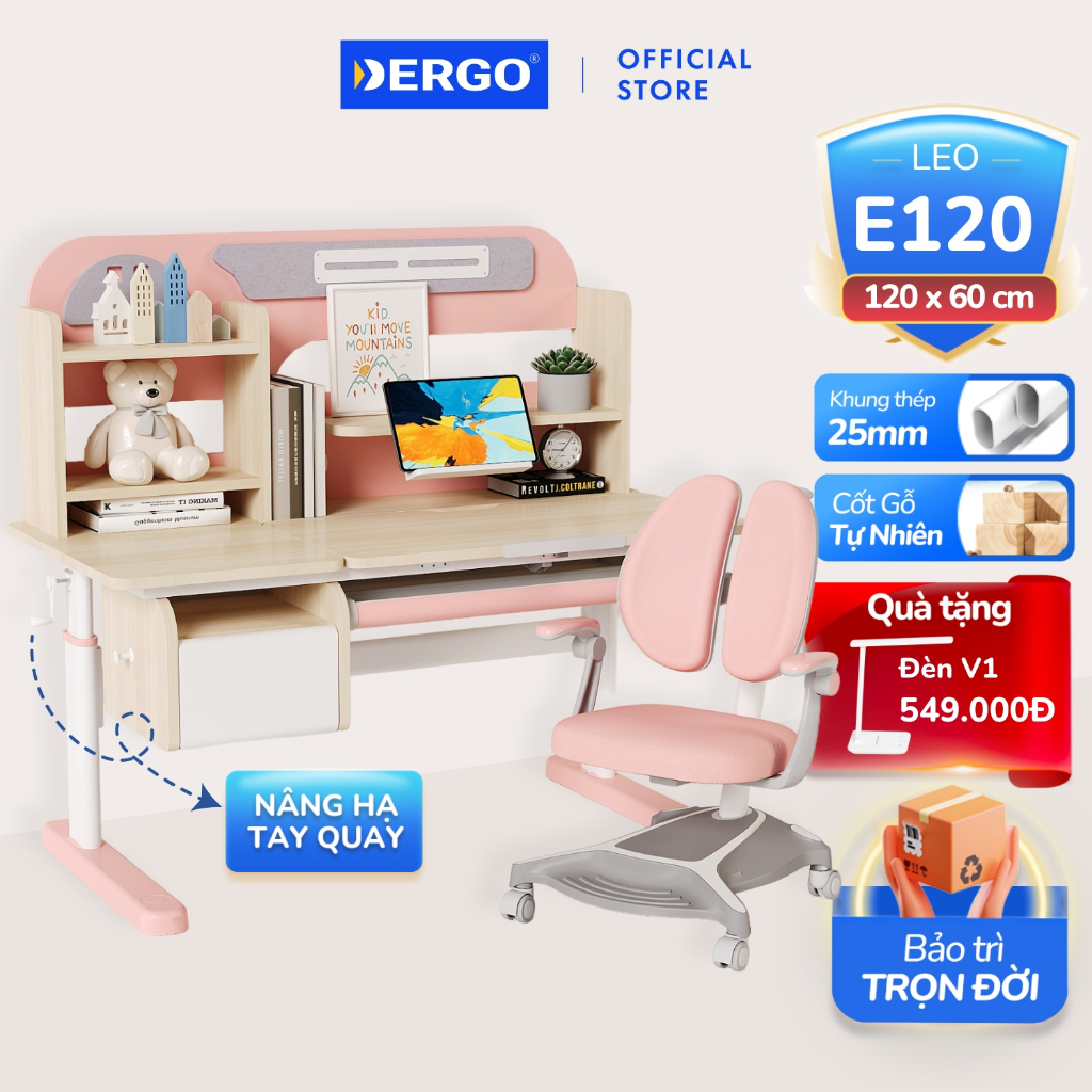 [MỚI + VOUCHER 600K] Bộ Bàn Học Thông Minh DERGO LEO E120 Bàn Học Cho Bé 3-18 Tuổi kích thước lớn, có giá sách