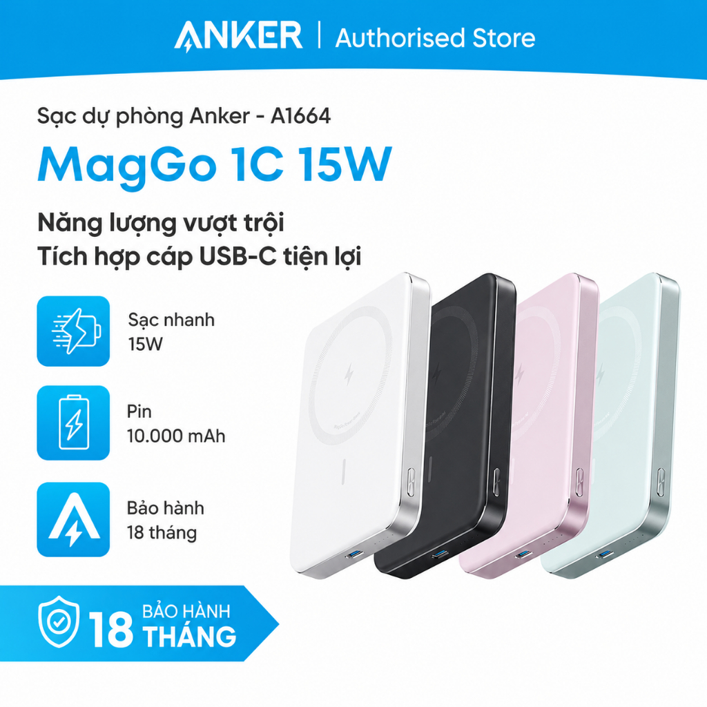 Pin Sạc dự phòng Anker MagGo 1C 15W 10000mah - A1664 - Hàng chính hãng