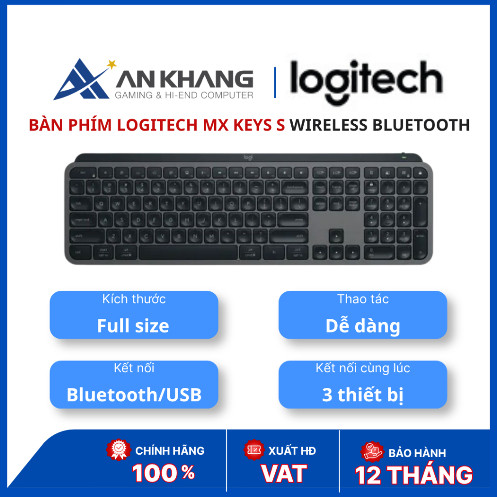 Bàn phím Logitech MX Keys S Wireless Bluetooth | Scissor Keys | Multi-device 3 thiết bị | USB-C | Xá