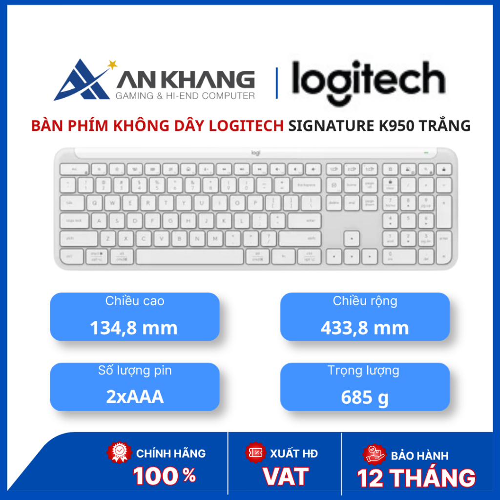 Bàn phím không dây Logitech Signature K950 | Bluetooth / Logi Bolt | Full-size | Off-white