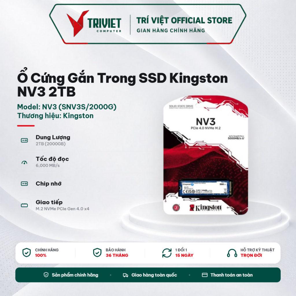 Ổ Cứng Gắn Trong SSD Kingston NV3 2TB PCIe 4.0 x4 M.2 NVMe (SNV3S/2000G) - Tốc Độ Cao Cho PC & Lapto