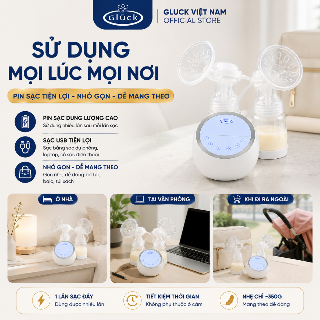 Máy Hút Sữa Điện Đôi Gluck Baby GP60 2 mô tơ riêng biệt massage, Máy hút sữa  an toàn Chính Hãng