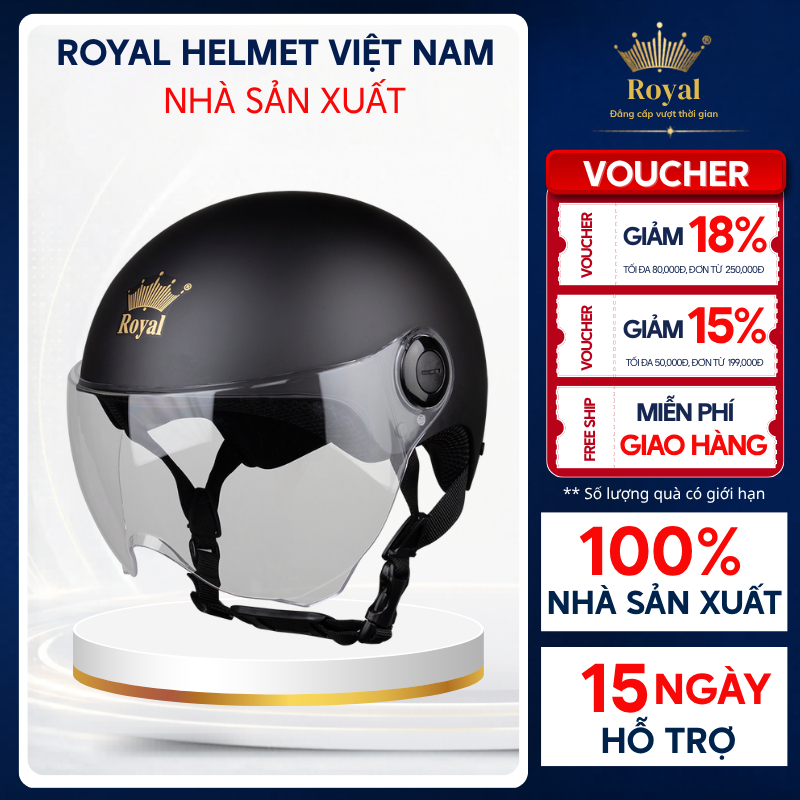 Mũ Bảo Hiểm Royal Nửa Đầu M162K  Chính Hãng Có Kính Nam Nữ Nhiều Màu Sắc Royal Helmet VietNam
