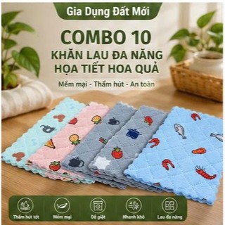 ★MỚI★ ( COMBO 10 KHĂN LAU MẶT HOA QUẢ ) Khăn Lau Chén Dĩa Sợi Siêu Thấm Hút ★iki★