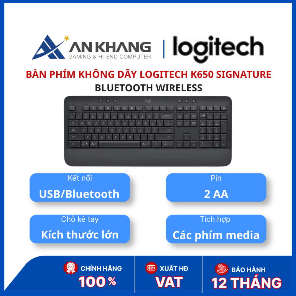 Bàn phím không dây Logitech Signature K650 | Bluetooth 5.1 / Logi Bolt | Full-size | Kê tay lớn