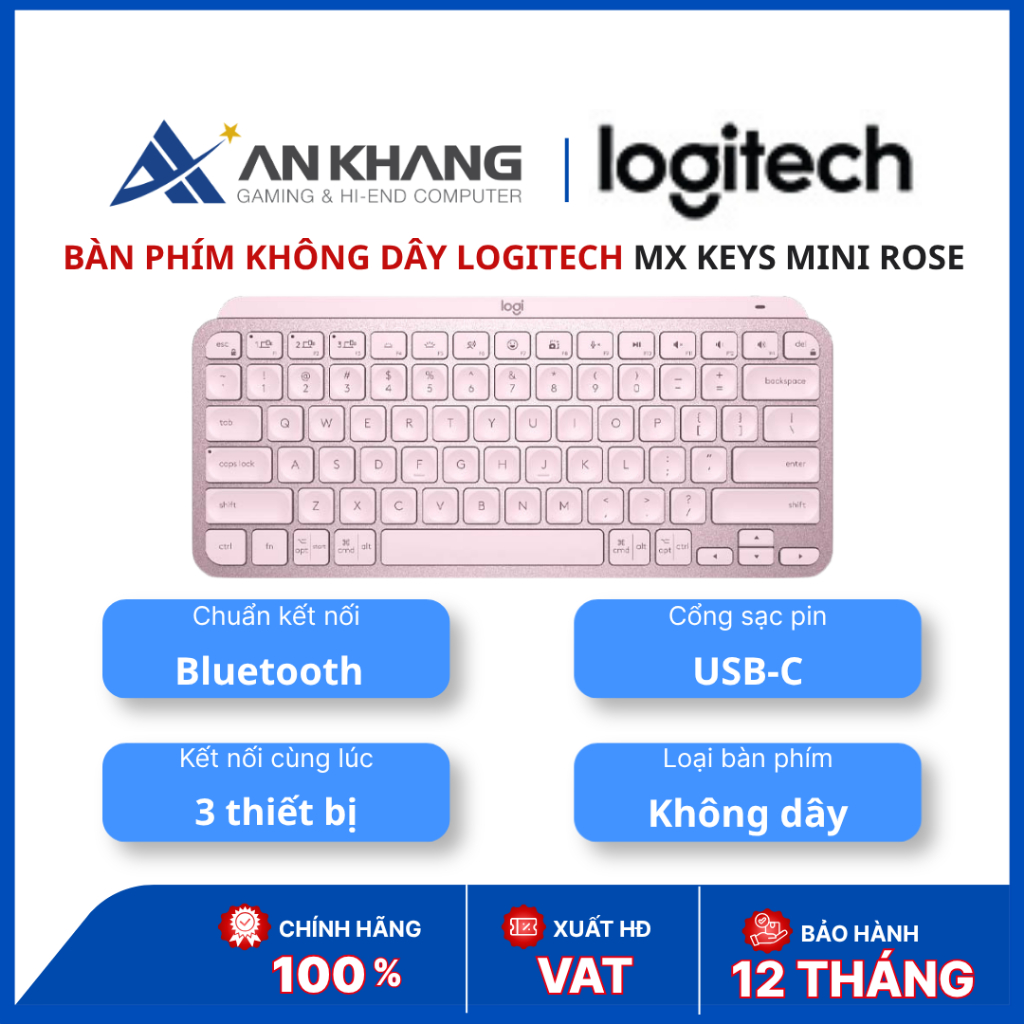 Bàn phím không dây Logitech MX Keys Mini Bluetooth | Layout Mini | Sạc USB-C | Rose (Hồng)