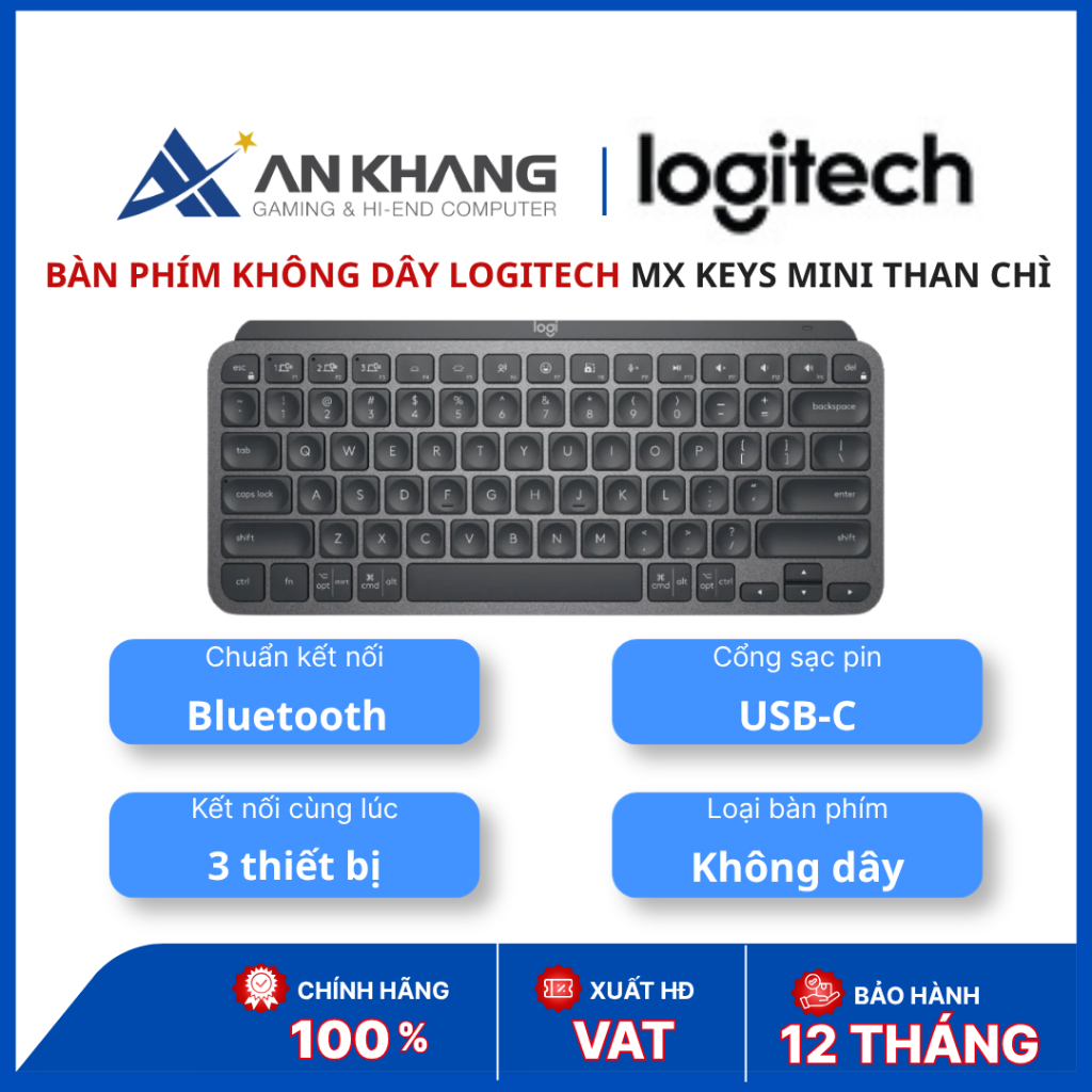 Bàn phím không dây Logitech MX Keys Mini Bluetooth | Layout Mini | USB-C | Graphite (Than chì)