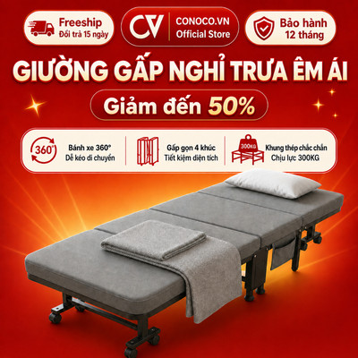 Sẵn hàng Giường gấp văn phòng CONOCO 4 khúc nệm foam êm, có bánh xe, gấp gọn dễ di chuyển